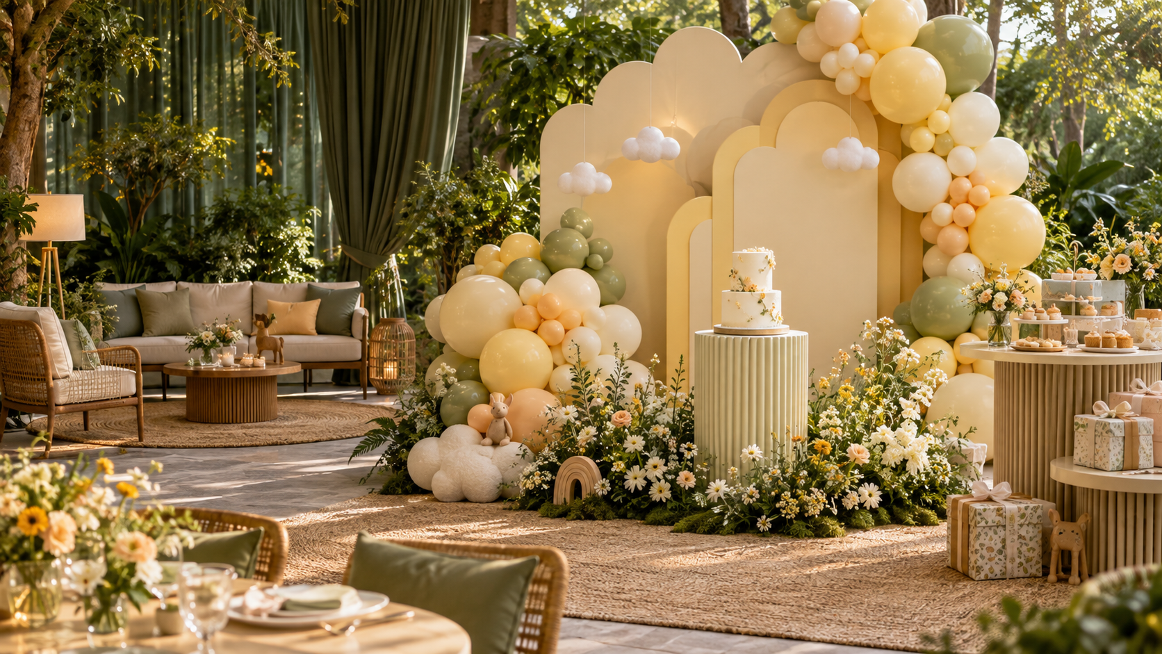 Baby celebration concept with pastel balloons, sage greenery and an elegant dessert table