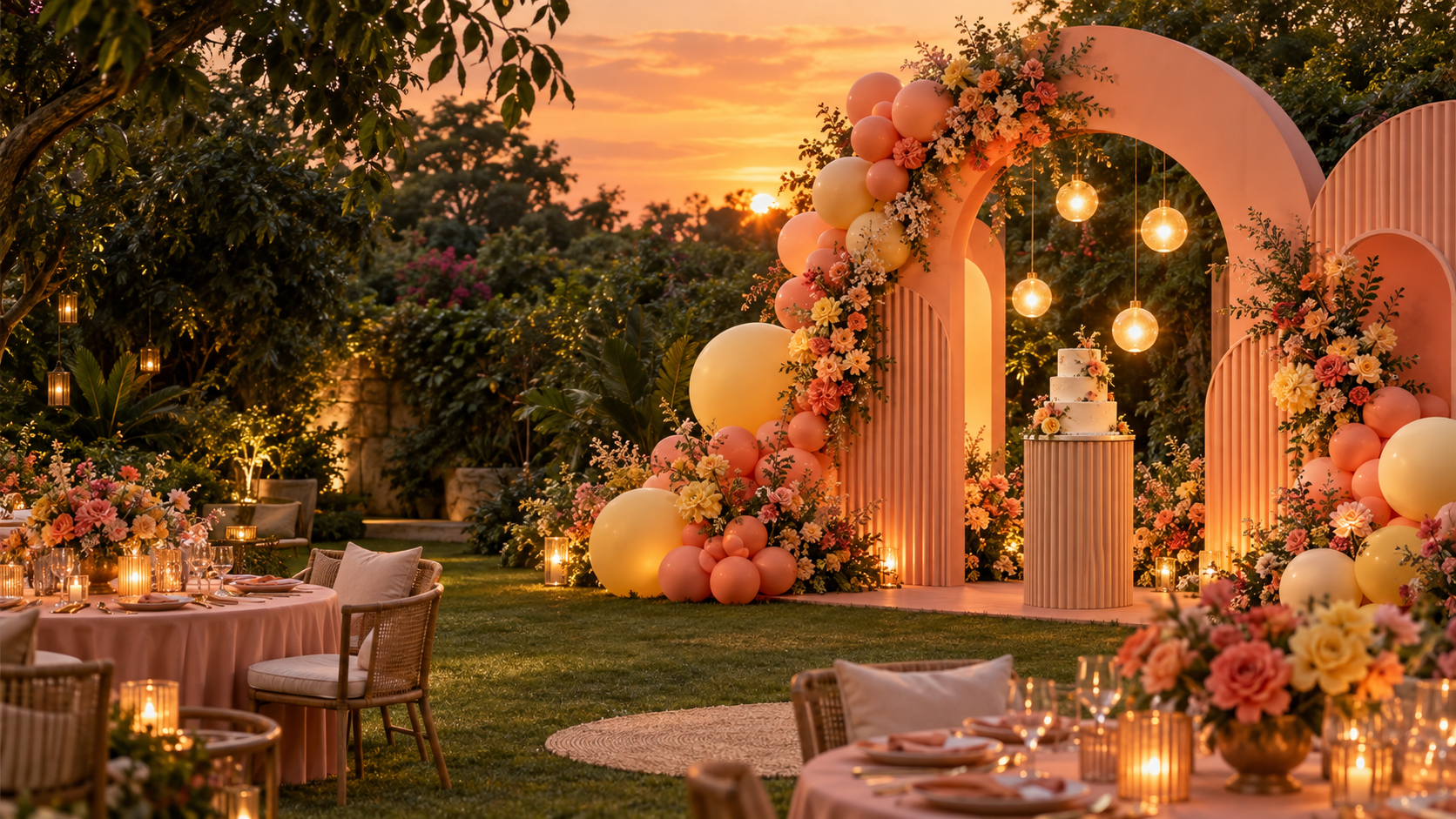 Birthday garden party concept with peach arches, balloons and warmly lit dining tables