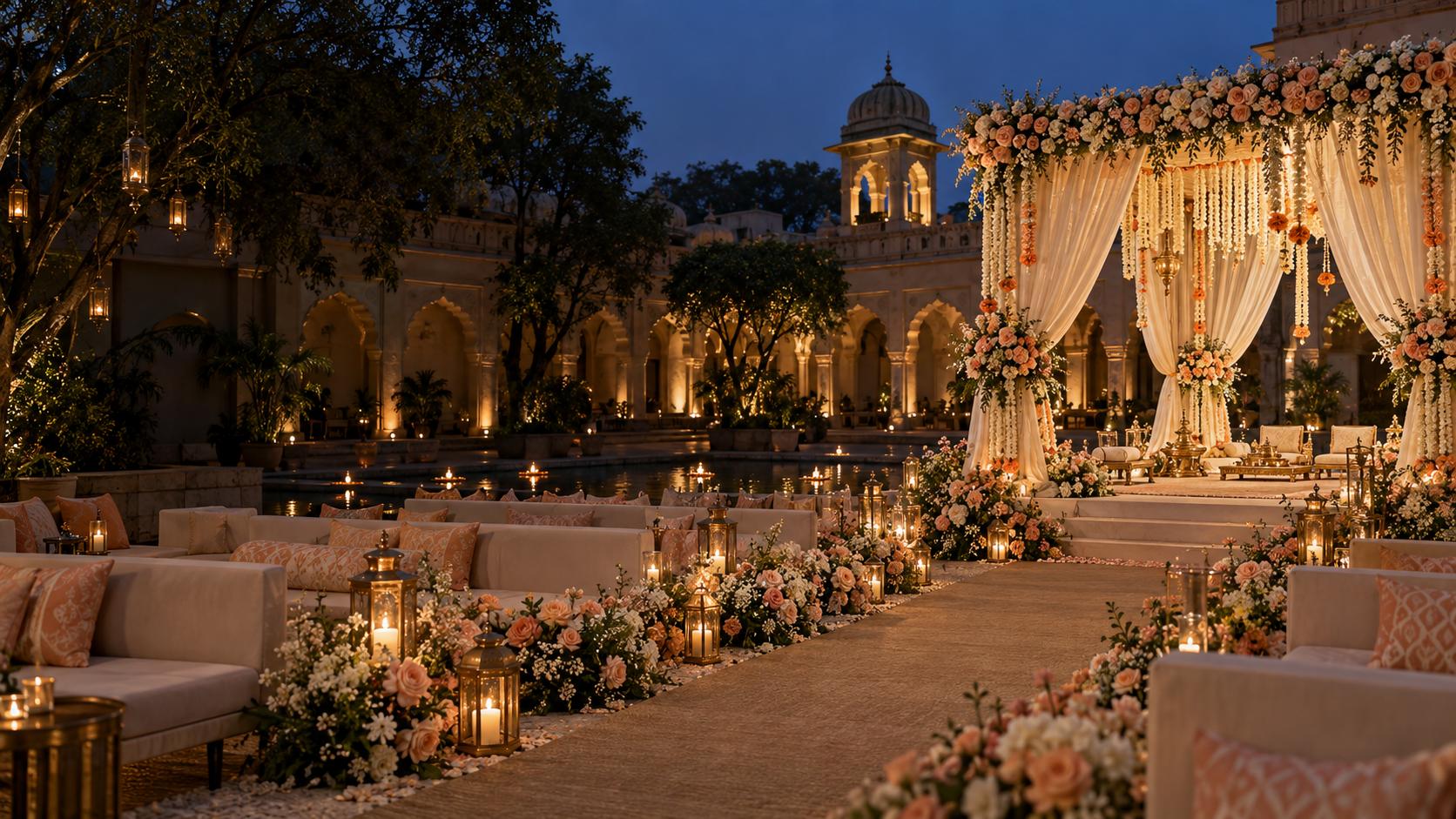 Wedding concept with a peach floral mandap, candlelit aisle and heritage courtyard